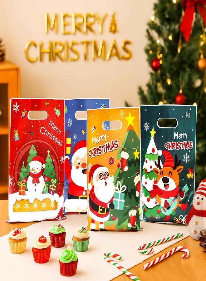 QIFU 50 Pcs Christmas Gift Bags with Handles - 4 Styles Merry Christmas Trees Santa Claus Snowman Elk Plastic Bulk Treat Tote Cookie Goody Candy Snack Bags for Winter Xmas Holiday Party Decorations Favors - Image 2